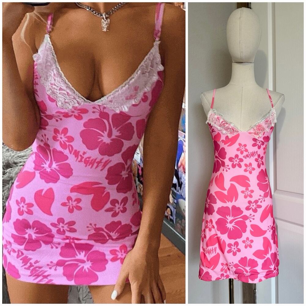O'Mighty Size Small Pink Floral Hibiscus Mini Dress Bodycon Lace Trim NWT